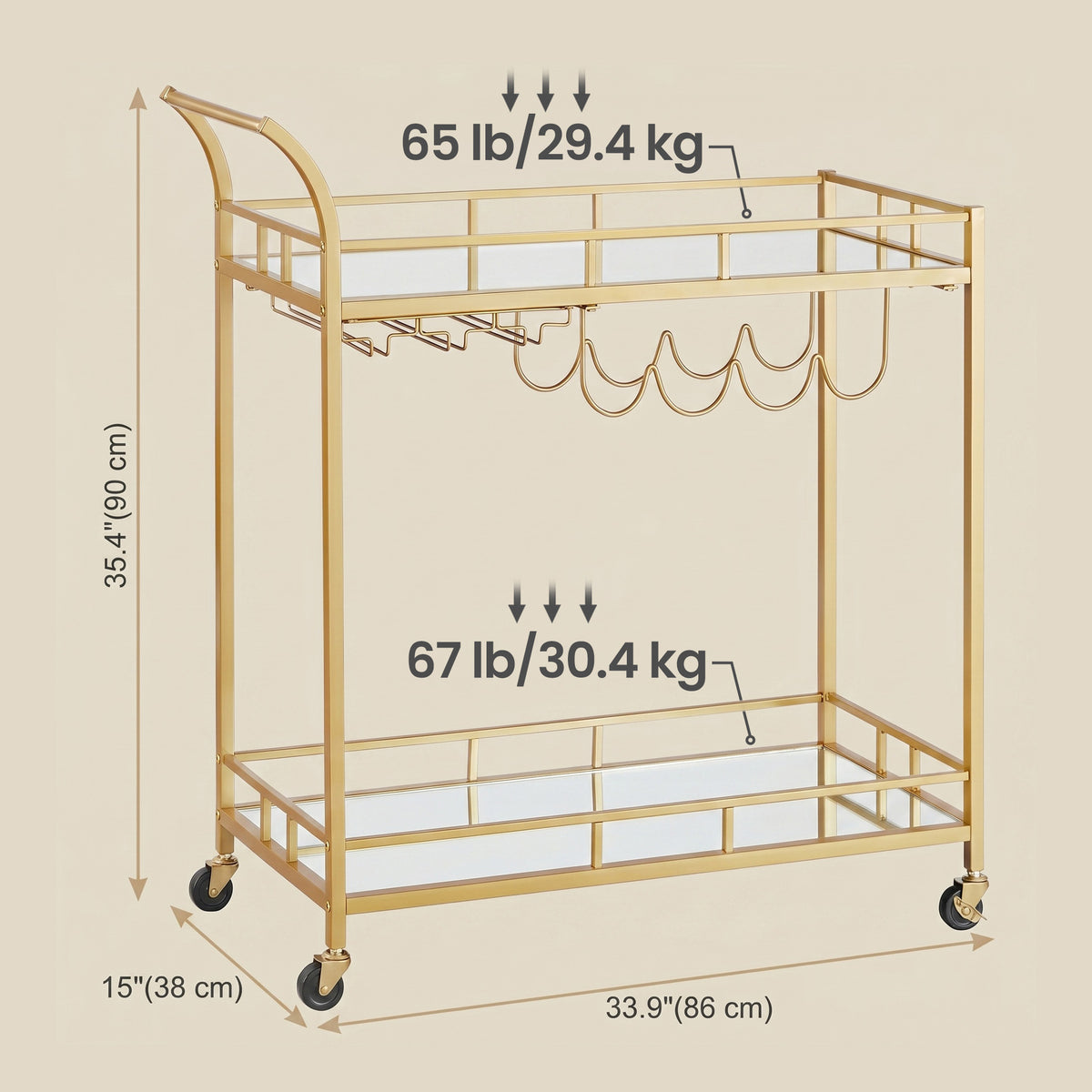 LEDREM Gold Bar Cart, Wine Serving Cart with 2 Mirrored Shelves, Wine and Holders, for Dining Room, Gold
