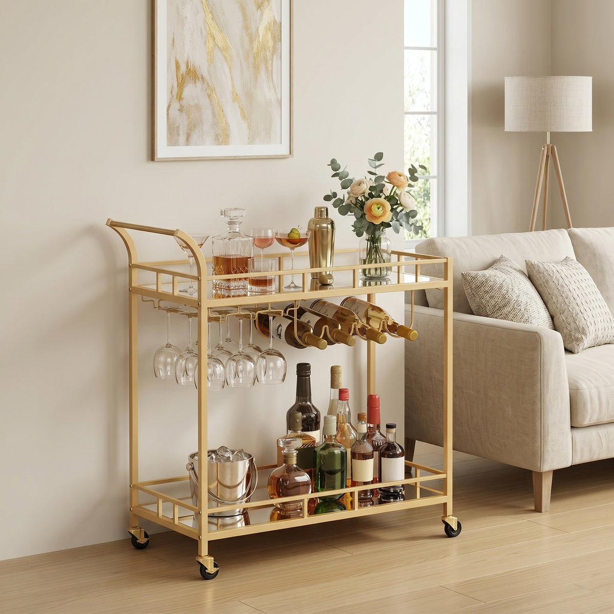 LEDREM Gold Bar Cart, Wine Serving Cart with 2 Mirrored Shelves, Wine and Holders, for Dining Room, Gold