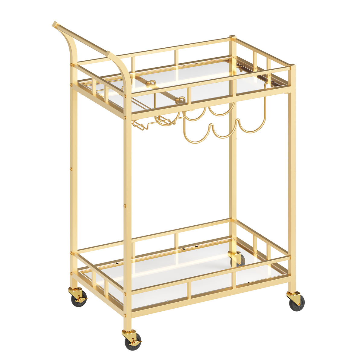 LEDREM Bar Cart, Home Bar Serving Cart, Wine Cart with 2 Mirrored Shelves, Wine Holders, Glass Holders, Gold