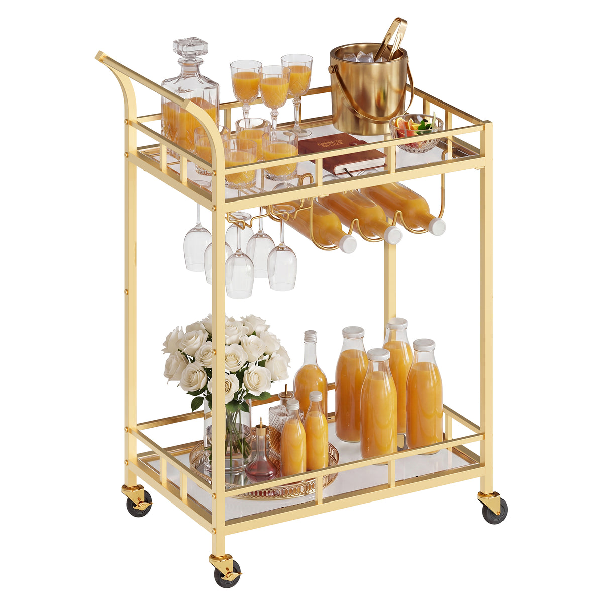 LEDREM Bar Cart, Home Bar Serving Cart, Wine Cart with 2 Mirrored Shelves, Wine Holders, Glass Holders, Gold