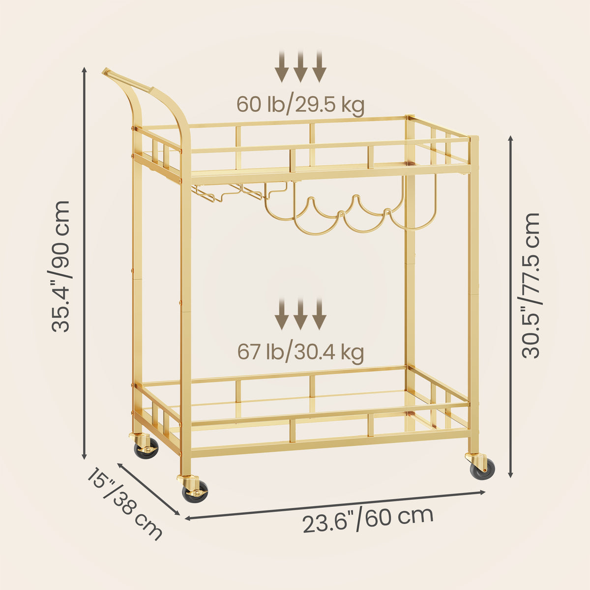 LEDREM Bar Cart, Home Bar Serving Cart, Wine Cart with 2 Mirrored Shelves, Wine Holders, Glass Holders, Gold
