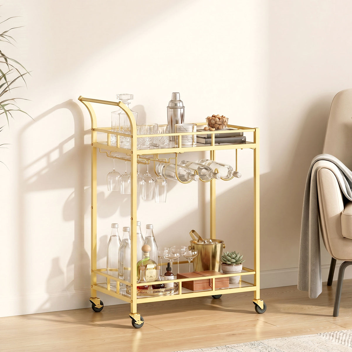 LEDREM Bar Cart, Home Bar Serving Cart, Wine Cart with 2 Mirrored Shelves, Wine Holders, Glass Holders, Gold