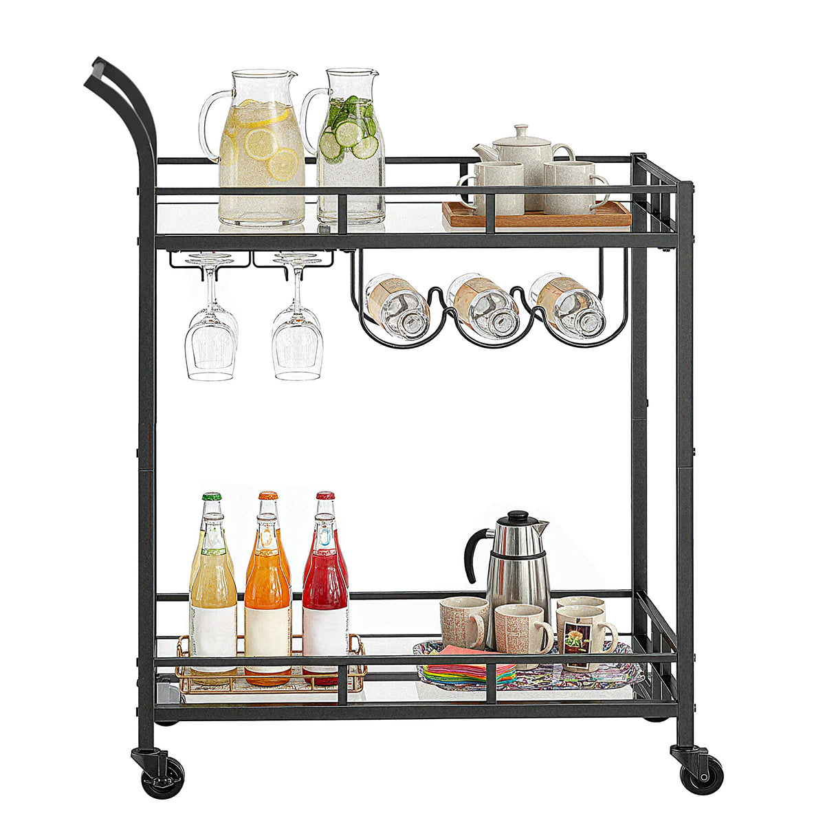 LEDREM Bar Cart, Home Bar Serving Cart, Wine Cart with 2 Mirrored Shelves, Wine Holders, Glass Holders, Black