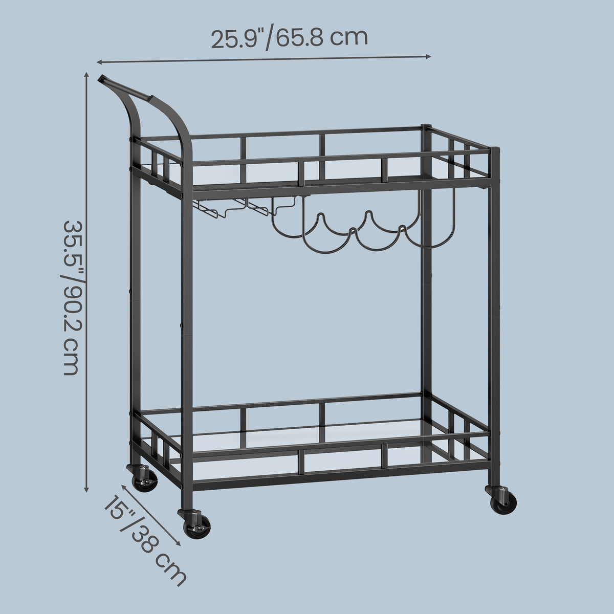LEDREM Bar Cart, Home Bar Serving Cart, Wine Cart with 2 Mirrored Shelves, Wine Holders, Glass Holders, Black