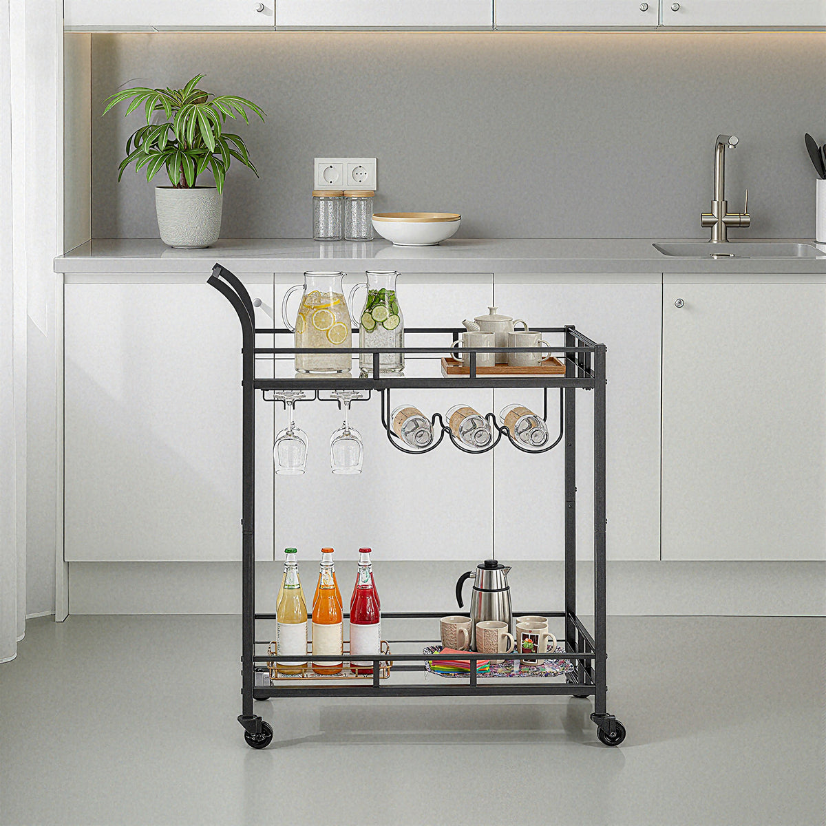 LEDREM Bar Cart, Home Bar Serving Cart, Wine Cart with 2 Mirrored Shelves, Wine Holders, Glass Holders, Black
