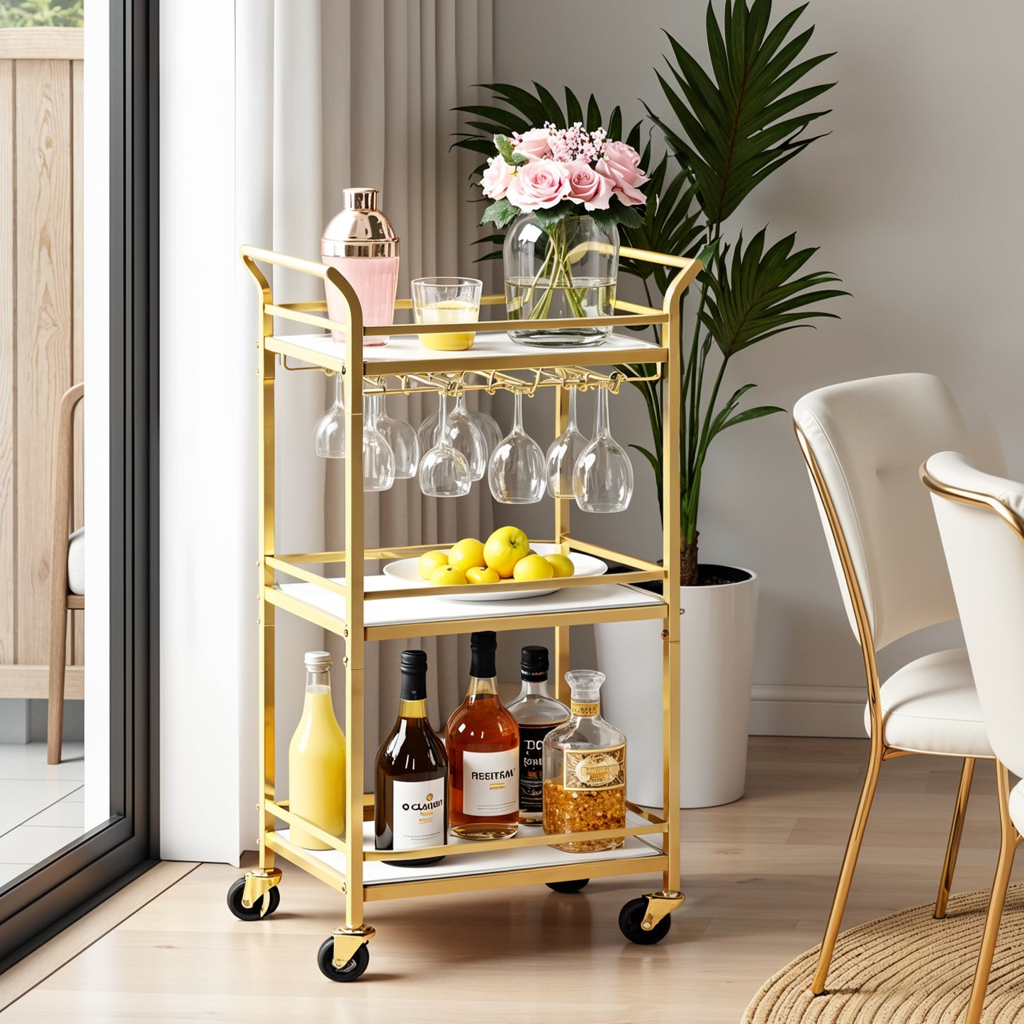 3-Tier Bar Cart with Wine Rack, Kitchen Serving Cart with Glass Holders for Small Spaces, Dining Room and Living Room, Pale Gold