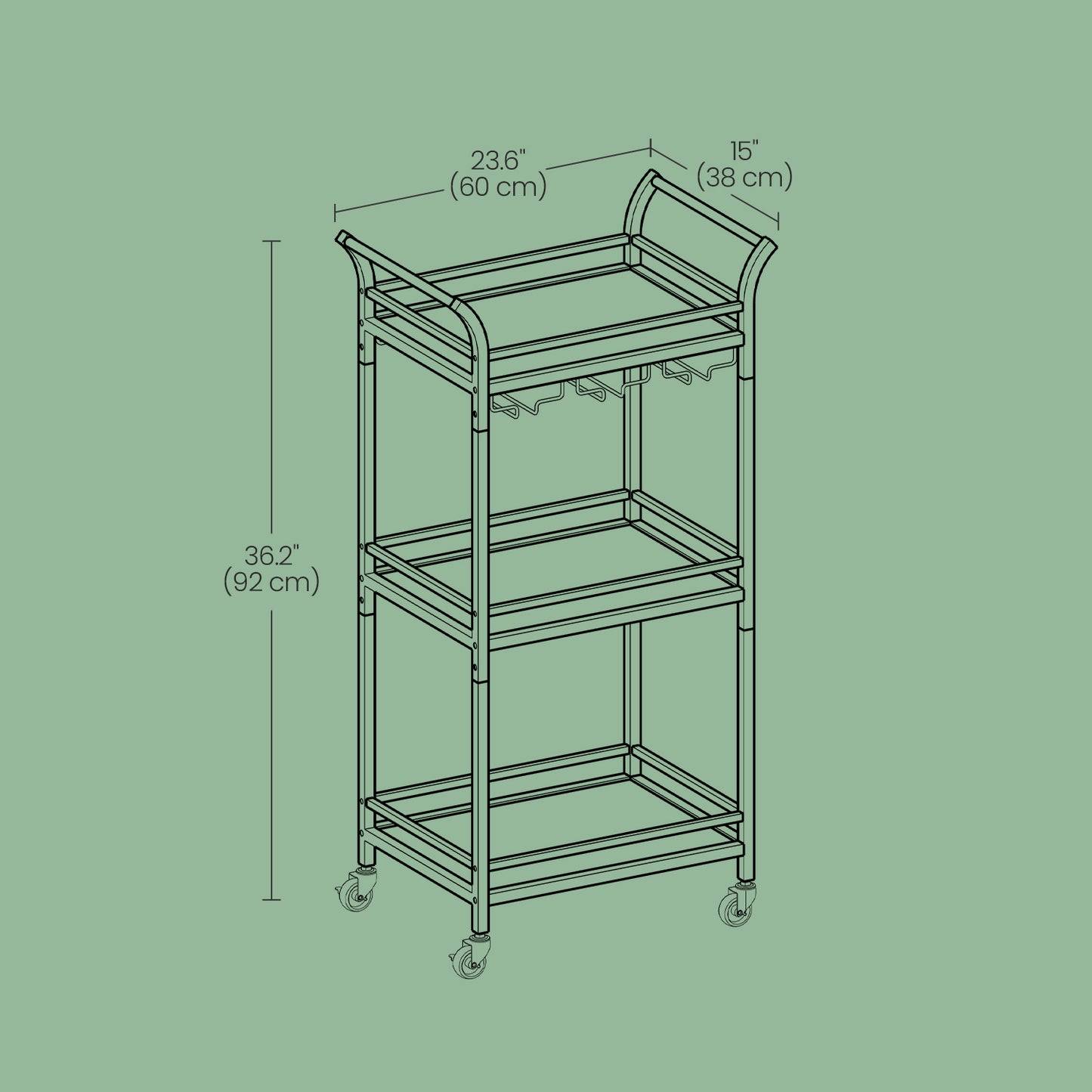 3-Tier Bar Cart with Wine Rack, Kitchen Serving Cart with Glass Holders for Small Spaces, Dining Room and Living Room, Pale Gold