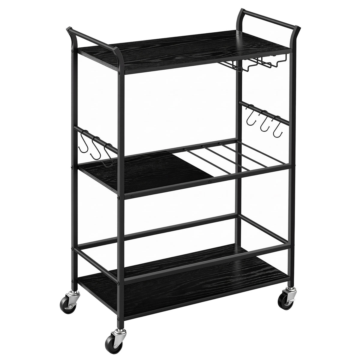 3-Tier Mobile Bar Cart with Wine Rack and Hooks, Serving Cart on Wheels, 25.4 x 12.6 x 33.7 Inches, Black