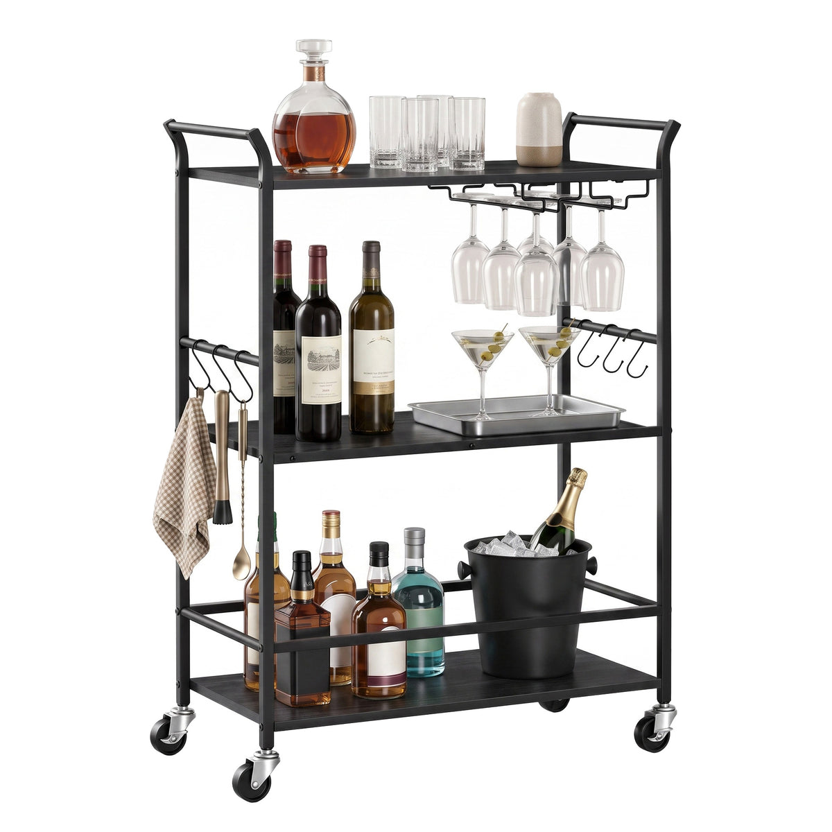 3-Tier Mobile Bar Cart with Wine Rack and Hooks, Serving Cart on Wheels, 25.4 x 12.6 x 33.7 Inches, Black