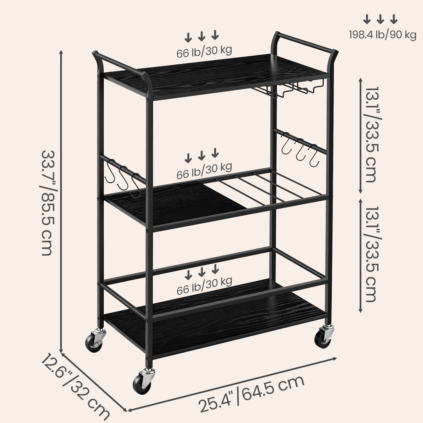 3-Tier Mobile Bar Cart with Wine Rack and Hooks, Serving Cart on Wheels, 25.4 x 12.6 x 33.7 Inches, Black