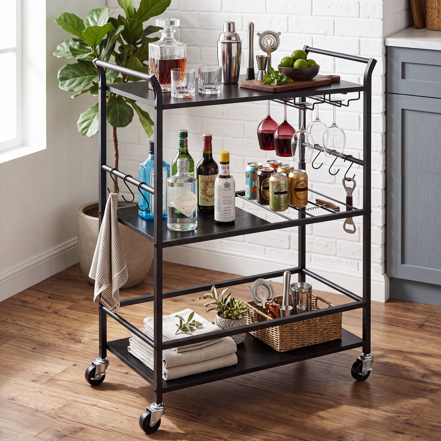 3-Tier Mobile Bar Cart with Wine Rack and Hooks, Serving Cart on Wheels, 25.4 x 12.6 x 33.7 Inches, Black