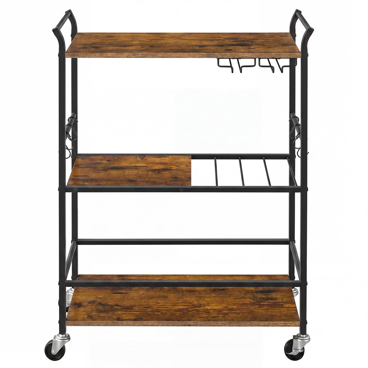 3-Tier Mobile Bar Cart with Wine Rack and Hooks, Serving Cart on Wheels, 25.4 x 12.6 x 33.7 Inches, Rustic Brown