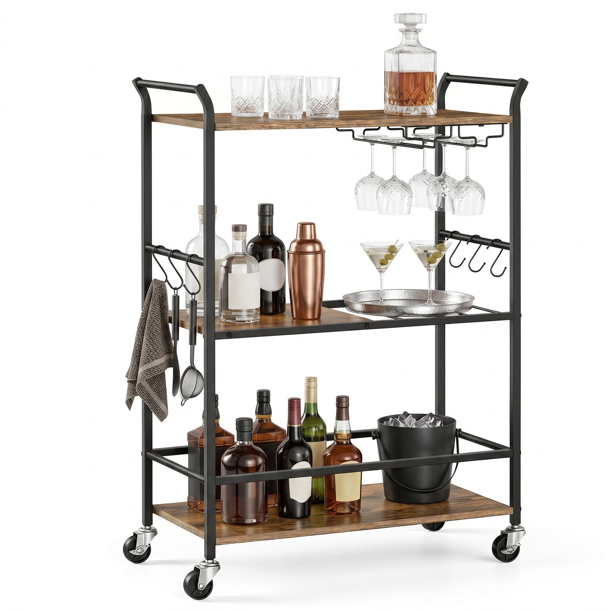3-Tier Mobile Bar Cart with Wine Rack and Hooks, Serving Cart on Wheels, 25.4 x 12.6 x 33.7 Inches, Rustic Brown