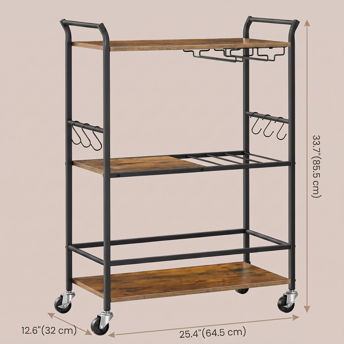 3-Tier Mobile Bar Cart with Wine Rack and Hooks, Serving Cart on Wheels, 25.4 x 12.6 x 33.7 Inches, Rustic Brown
