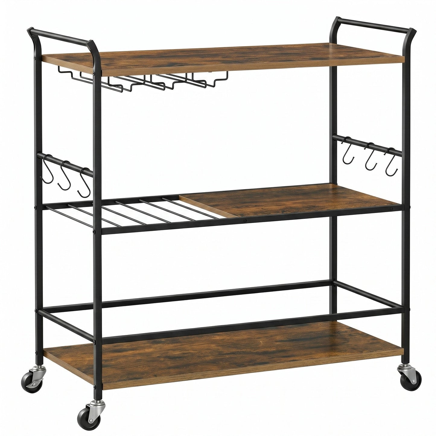 3-Tier Mobile Bar Cart with Wine Rack and Hooks, Serving Cart on Wheels, 33.3 x 15.7 x 33.7 Inches, Tan and Black