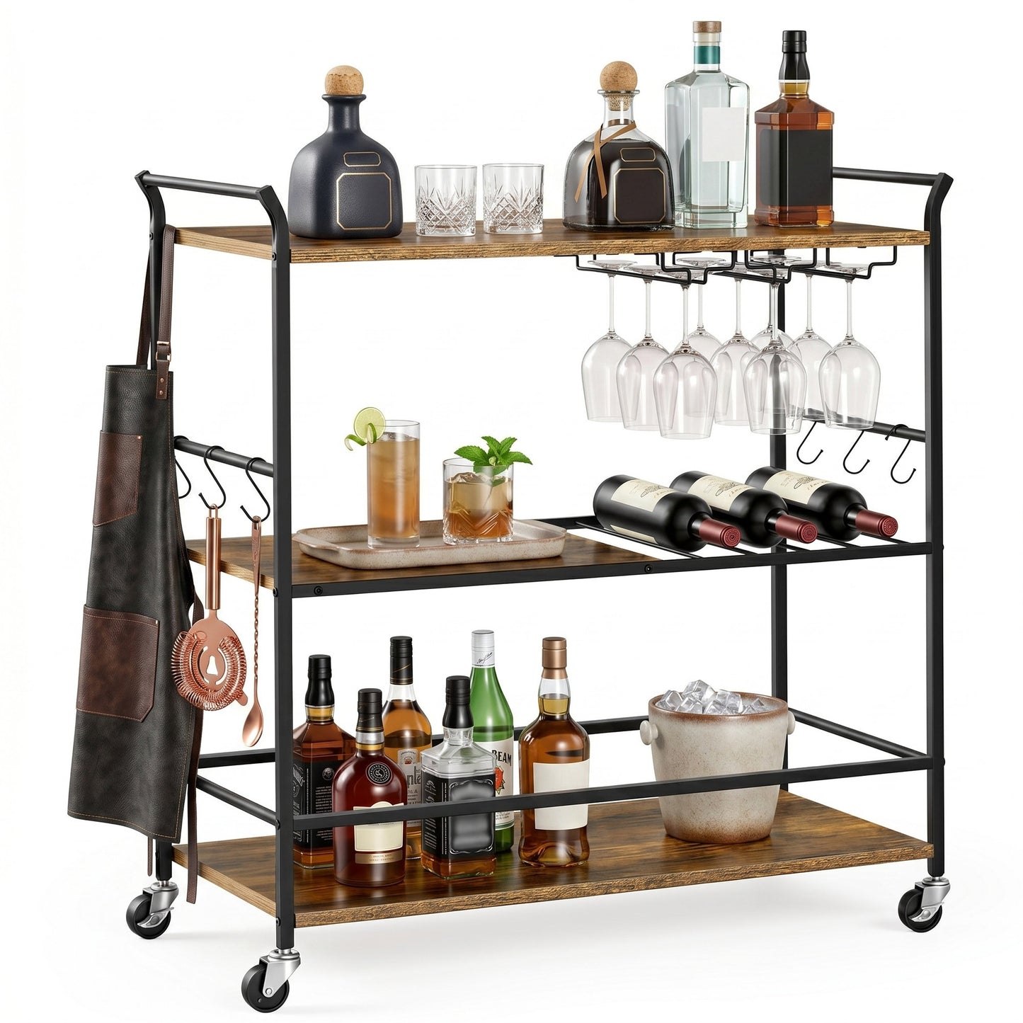 3-Tier Mobile Bar Cart with Wine Rack and Hooks, Serving Cart on Wheels, 33.3 x 15.7 x 33.7 Inches, Tan and Black