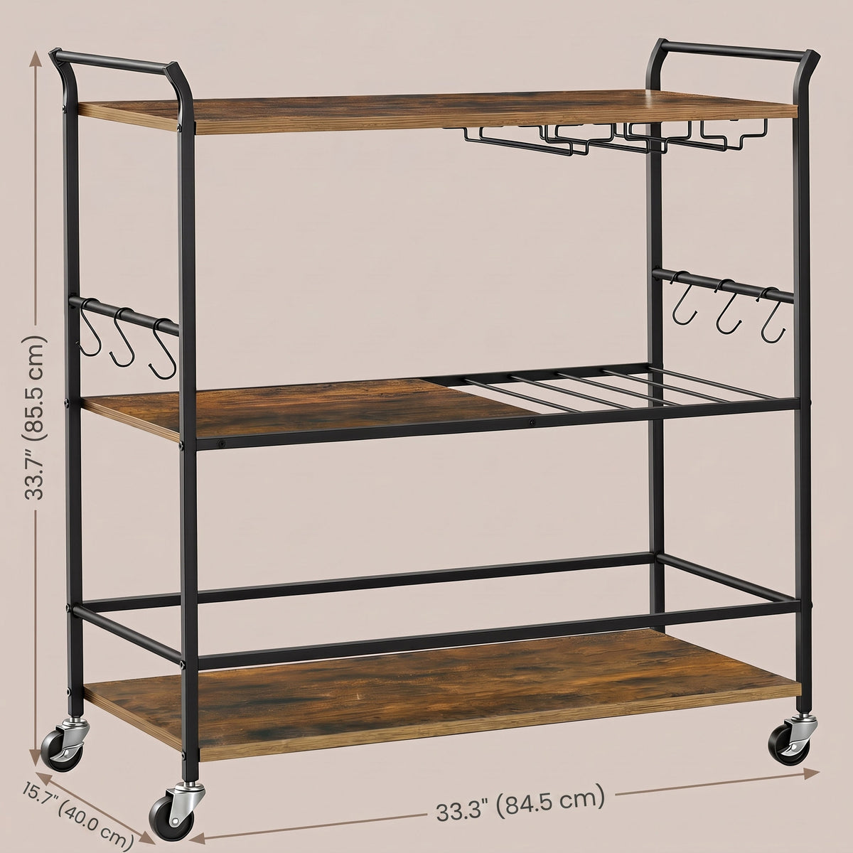 3-Tier Mobile Bar Cart with Wine Rack and Hooks, Serving Cart on Wheels, 33.3 x 15.7 x 33.7 Inches, Tan and Black