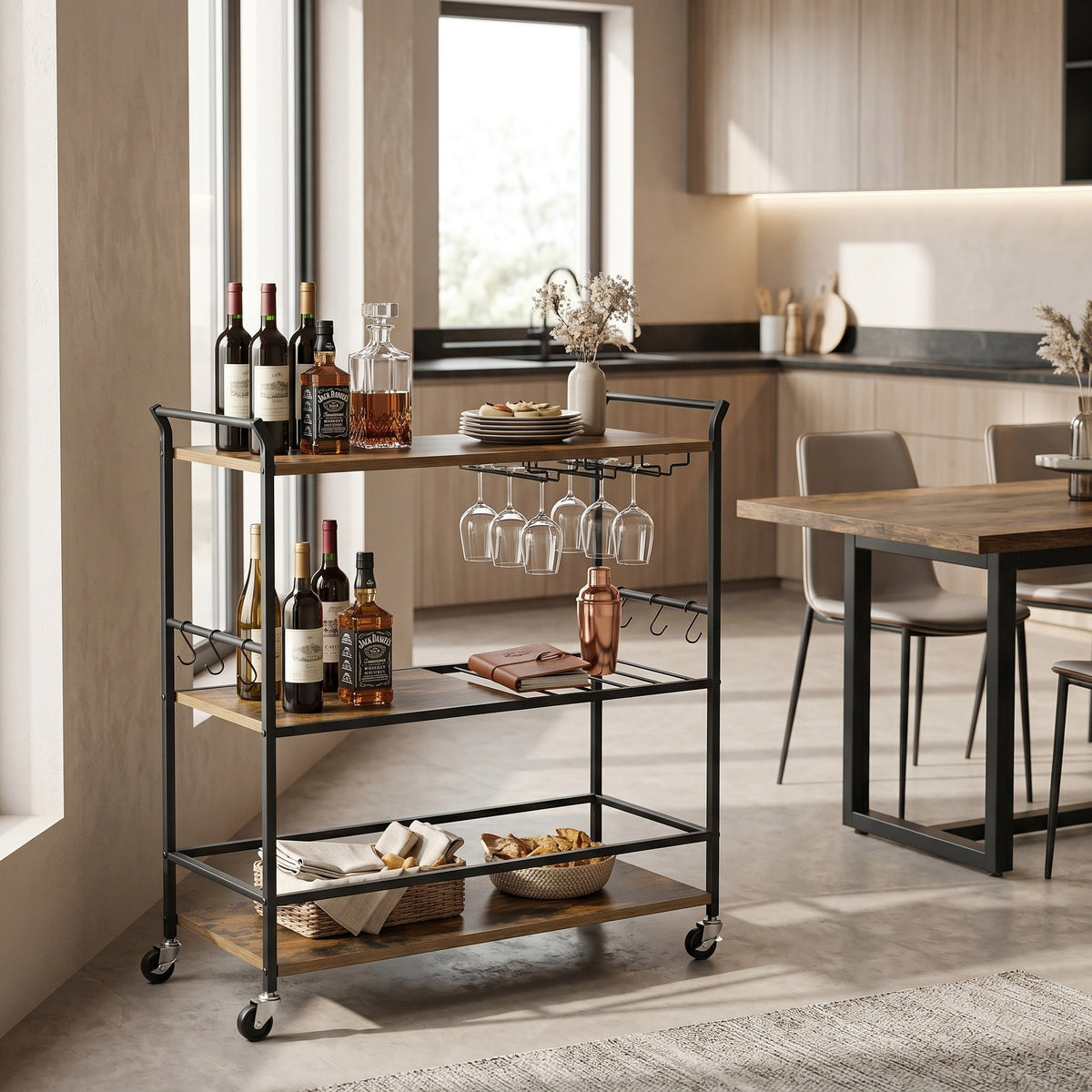 3-Tier Mobile Bar Cart with Wine Rack and Hooks, Serving Cart on Wheels, 33.3 x 15.7 x 33.7 Inches, Tan and Black