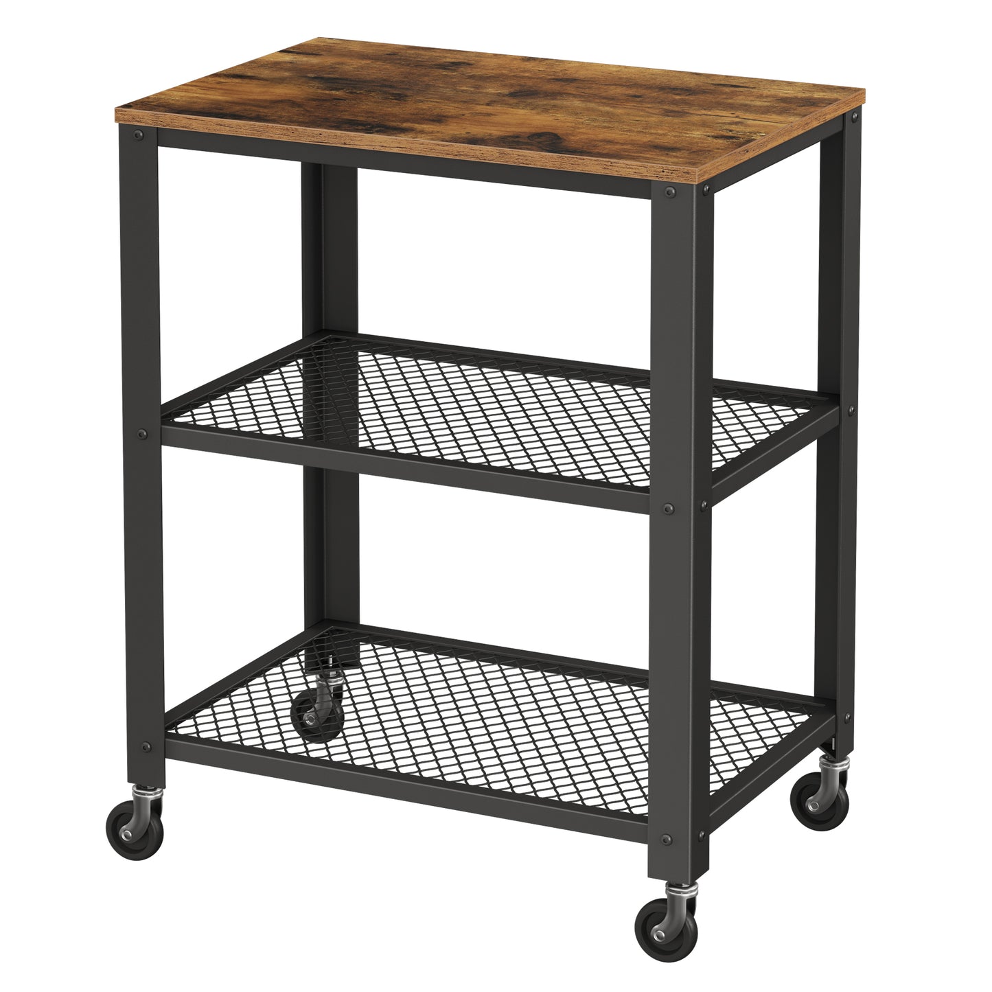 3-Tier Serving Cart on Wheels, Industrial Kitchen Utility Trolley with Storage Shelves, Mobile or Stationary, Steel Frame, Rustic Brown and Black
