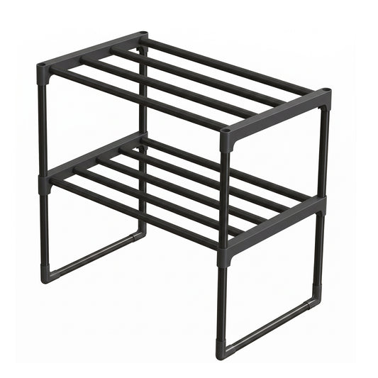 2-Tier Steel, PP Plastic Shoe Storage Shelf, Stackable Shoe Organizer, for Entryway, Black
