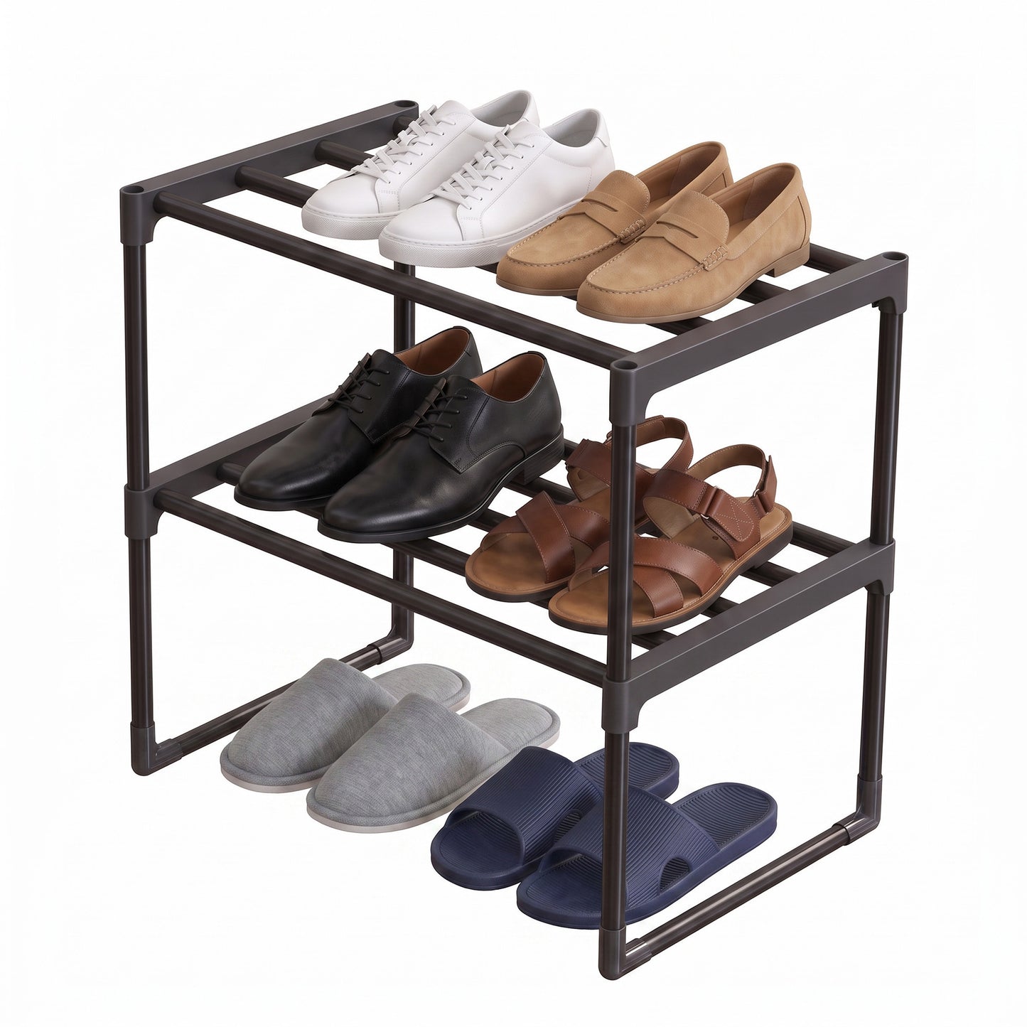 2-Tier Steel, PP Plastic Shoe Storage Shelf, Stackable Shoe Organizer, for Entryway, Black
