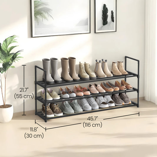 3-Tier Metal Shoe Rack Organizer – Stackable, Space-Saving Storage Shelf for 20-24 Pairs, Upright or Upside Down, Entryway & Closet Use, Black