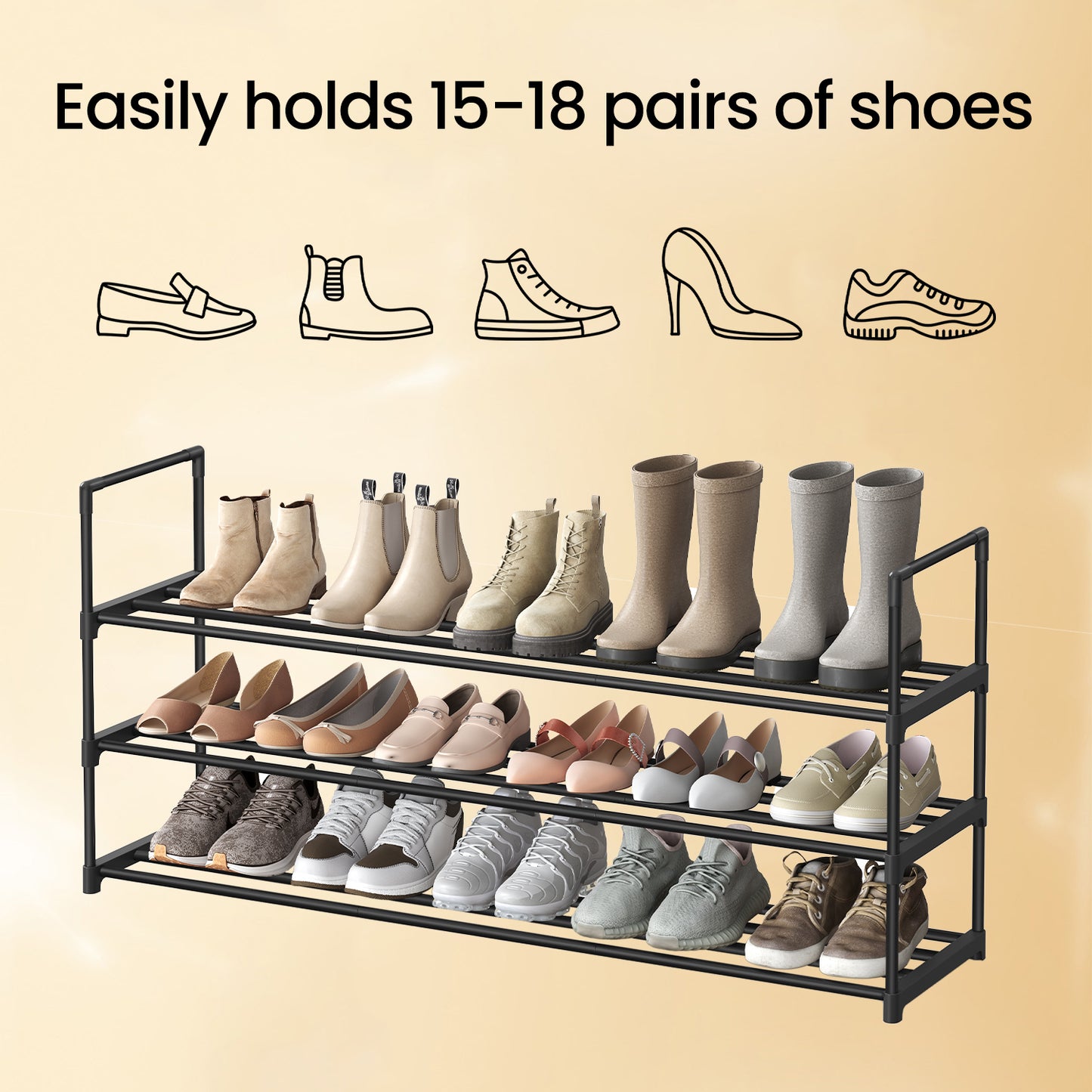 3-Tier Metal Shoe Rack Organizer – Stackable, Space-Saving Storage Shelf for 20-24 Pairs, Upright or Upside Down, Entryway & Closet Use, Black