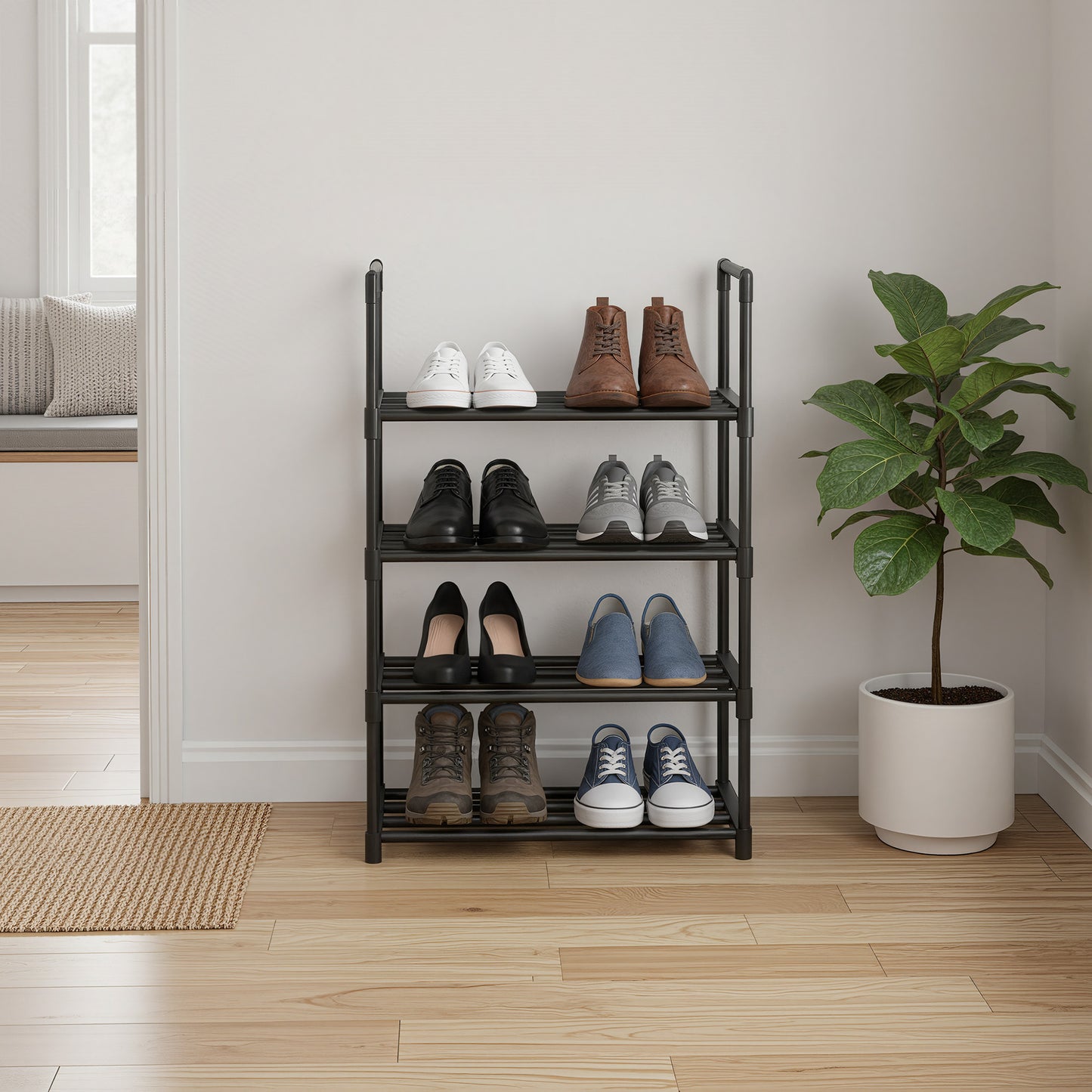 4-Tier Metal Shoe Rack, Stackable Shoe Organizer Shelf for 5-10 Pairs, Upright or Upside Down for Entryway, 16.7 x 28.2 Inches, Black