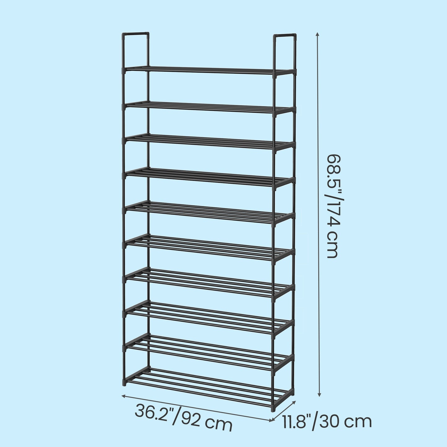 10-Tier Metal Shoe Rack, Upright or Upside Down Shoe Organizer for 44-55 Pairs, 36.2 x 68.1 Inch Storage Shelf for Entryway, Black