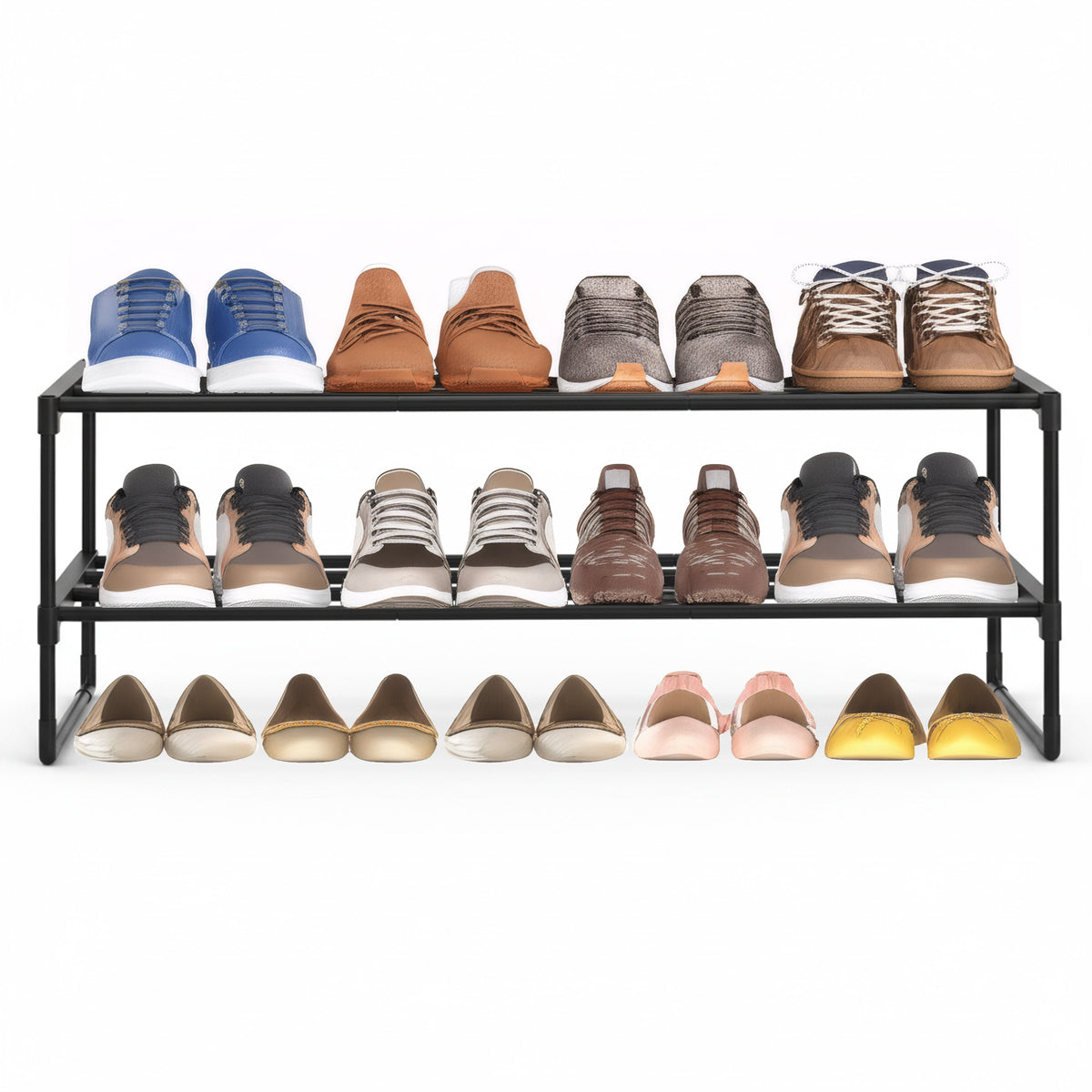 LEDREM 2-Tier Steel, PP Plastic Shoe Storage Shelf, Stackable Shoe Organizer, for Entryway, Black