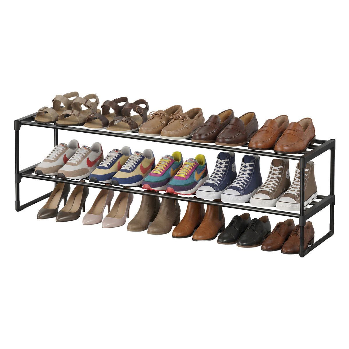 LEDREM 2-Tier Steel, PP Plastic Shoe Storage Shelf, Stackable Shoe Organizer, for Entryway, Black