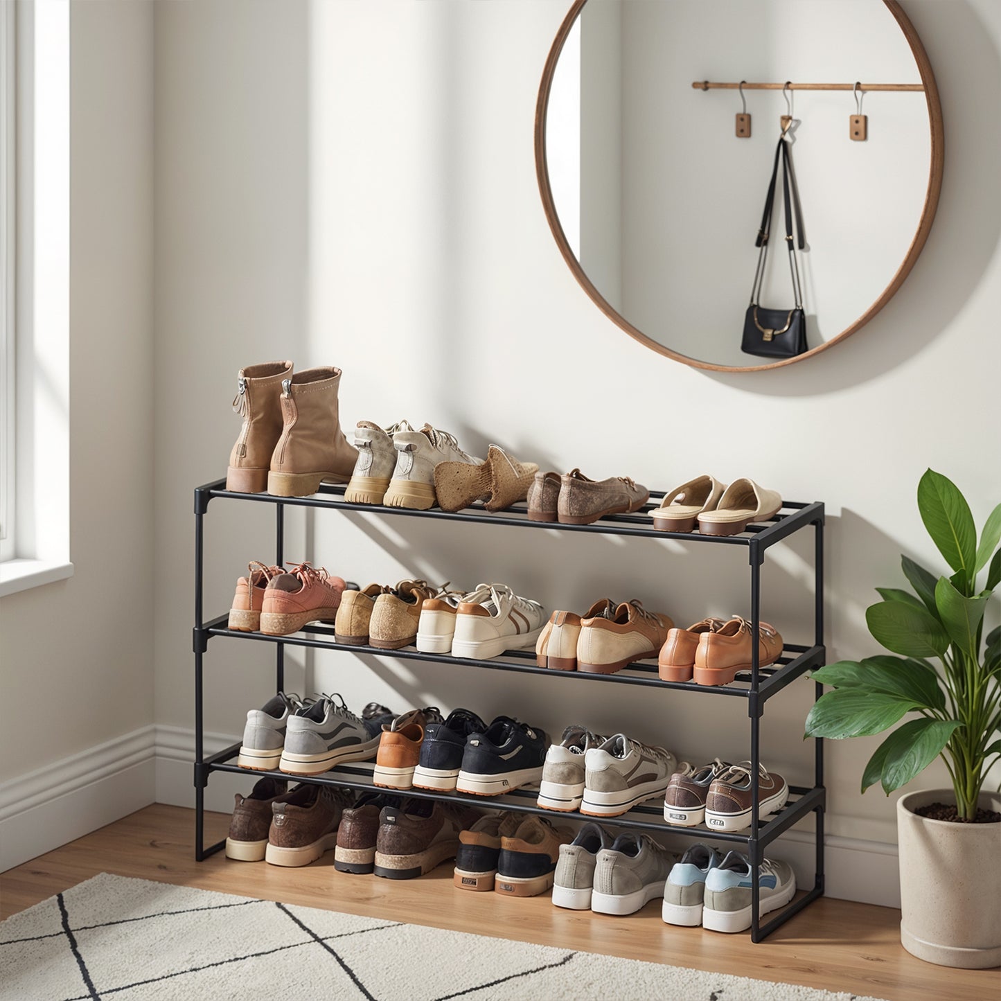 Shoe Rack, 4-Tier Metal Shoe Organizer for Entryway, Stands Upright or Upside Down, Holds 25-30 Pairs, Stackable & Tool-Free, Black