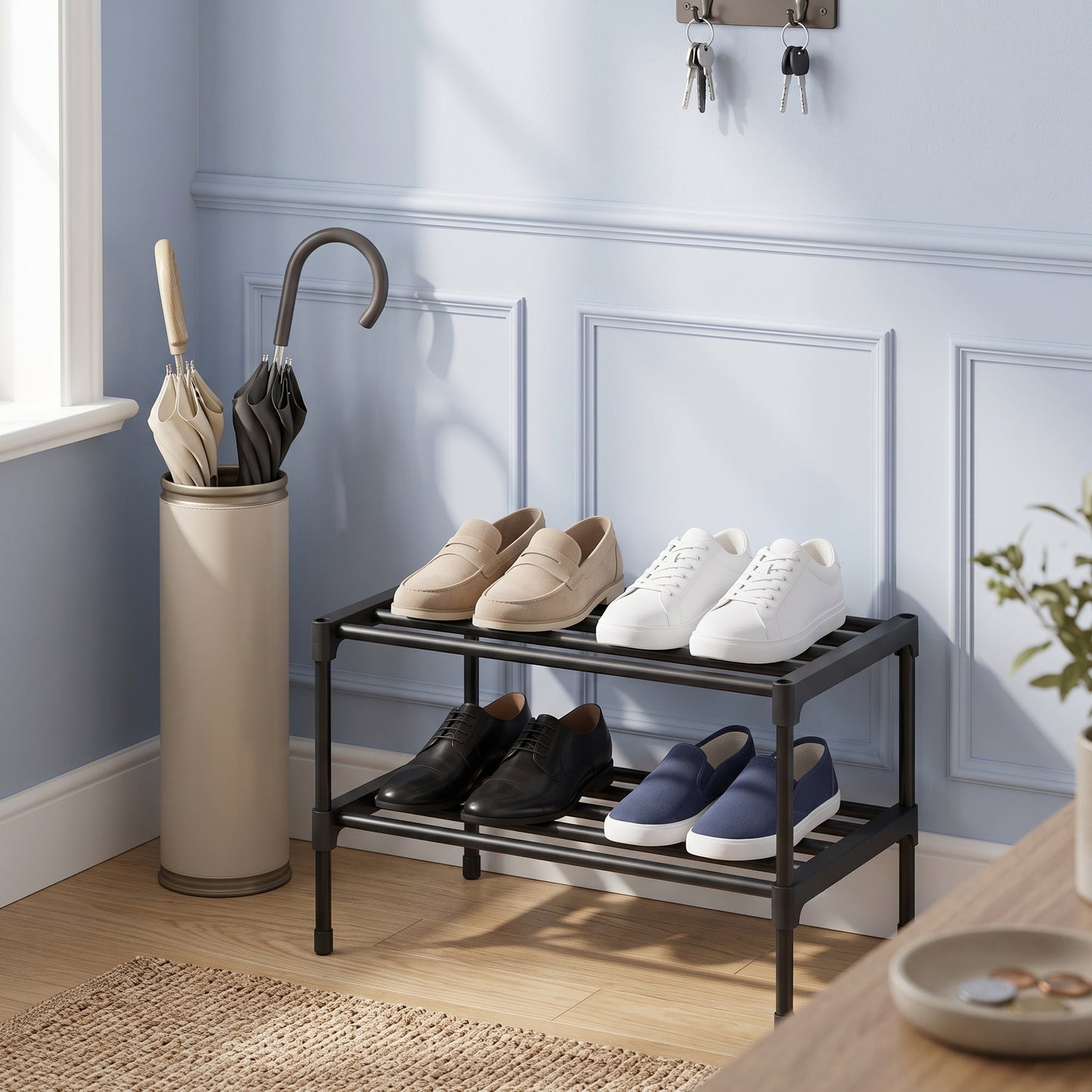 2-Tier Shoe Rack, Metal Entryway Organizer, Small Shoe Storage for Closet, 17.7 x 11.8 x 14.6 Inches, Black