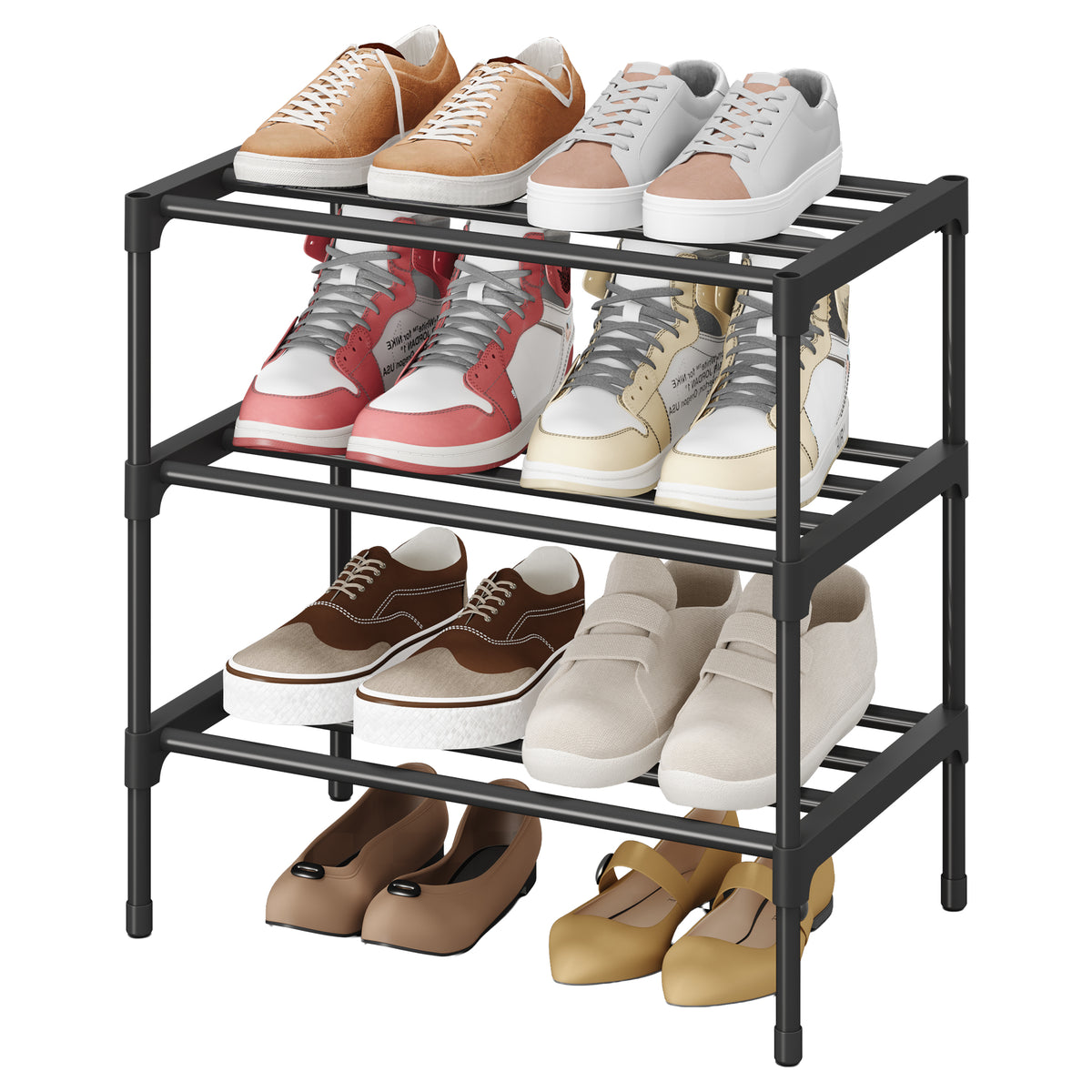 3-Tier Shoe Rack, Metal Entryway Organizer, Small Shoe Storage for Closet, 17.7 x 11.8 x 21.7 Inches, Black