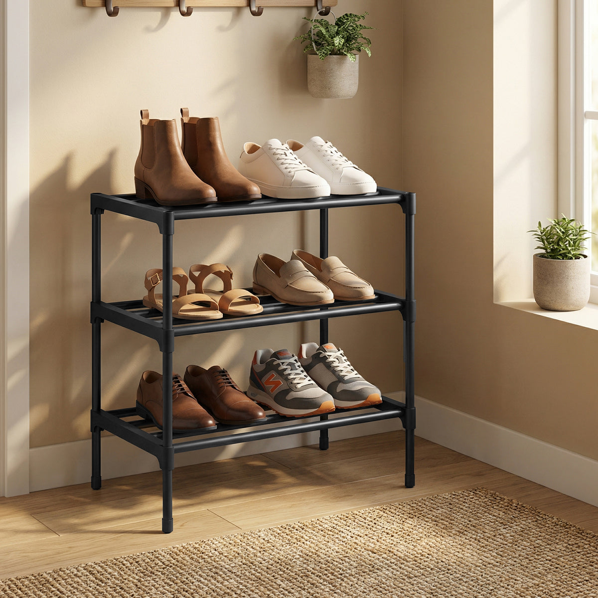 3-Tier Shoe Rack, Metal Entryway Organizer, Small Shoe Storage for Closet, 17.7 x 11.8 x 21.7 Inches, Black