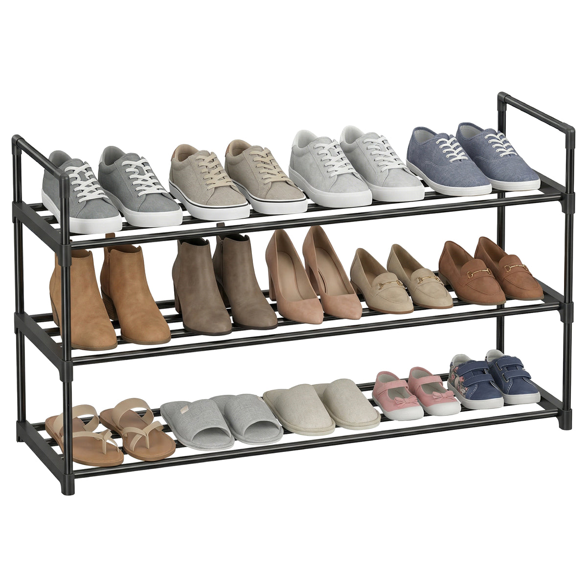 LEDREM 3-Tier Shoe Rack, Metal, 12 to 15 Pairs Shoes, Stackable, for Living Room, Entryway, Black
