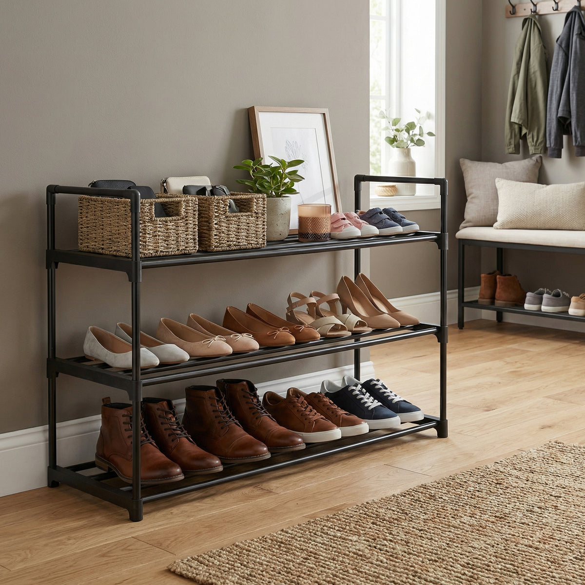 LEDREM 3-Tier Shoe Rack, Metal, 12 to 15 Pairs Shoes, Stackable, for Living Room, Entryway, Black