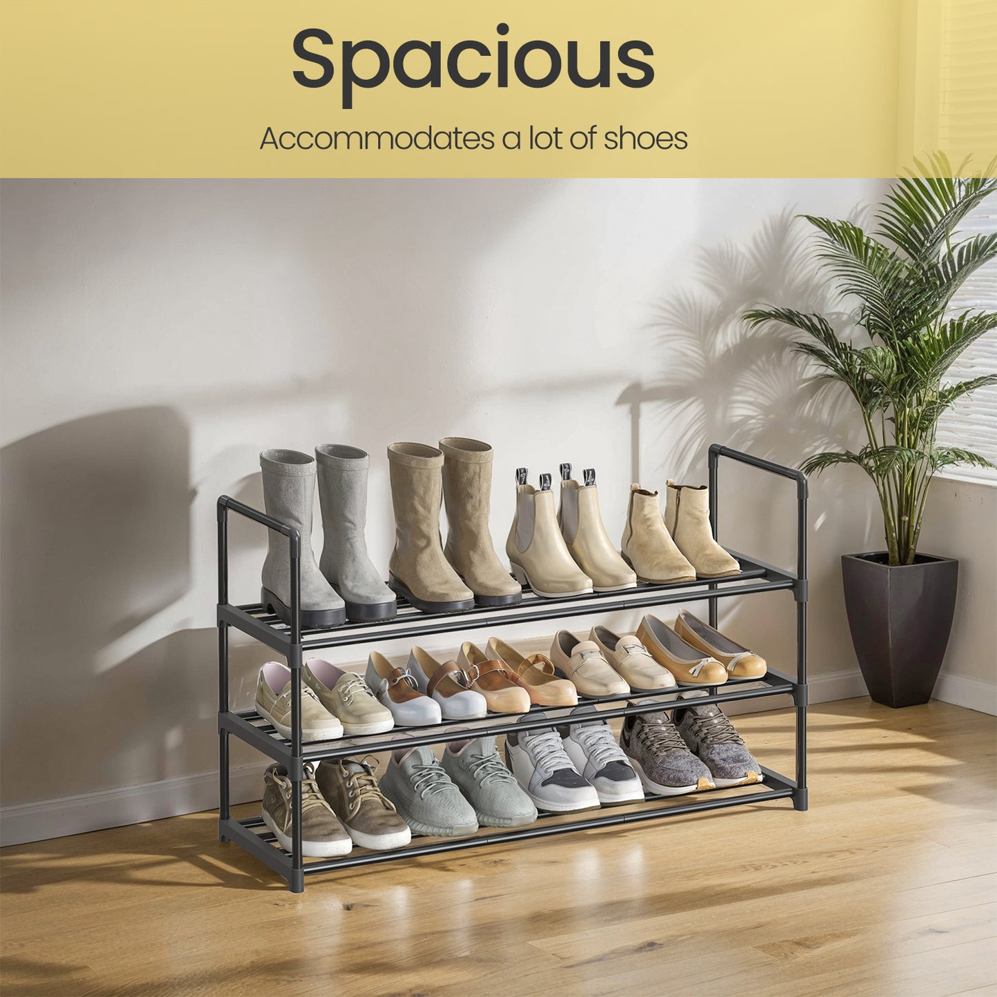 3-Tier Metal Shoe Rack Organizer, Stackable & Reversible Storage Shelf, Holds 16-20 Pairs, No-Tool Assembly, for Entryway,Closet, Black