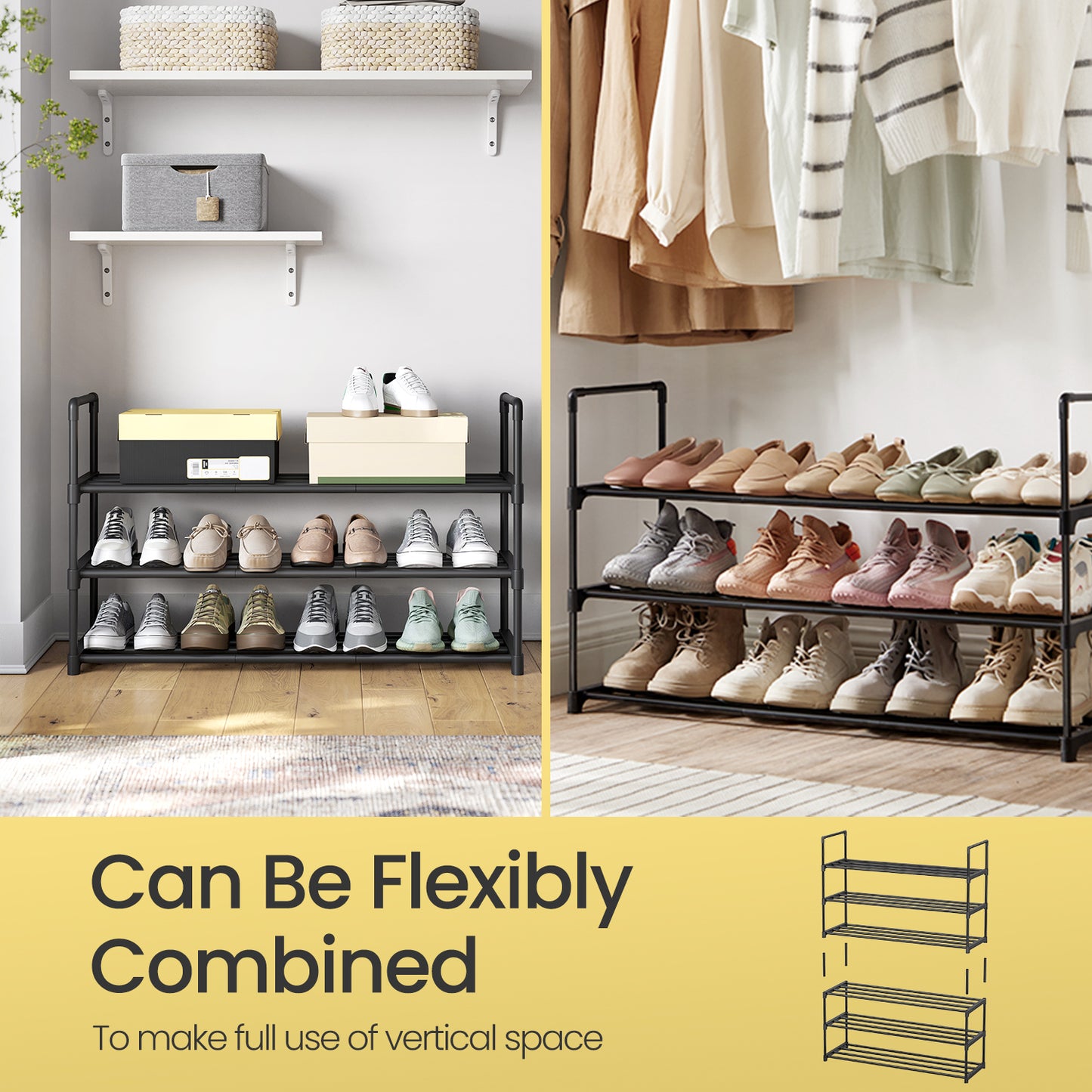 3-Tier Metal Shoe Rack Organizer, Stackable & Reversible Storage Shelf, Holds 16-20 Pairs, No-Tool Assembly, for Entryway,Closet, Black