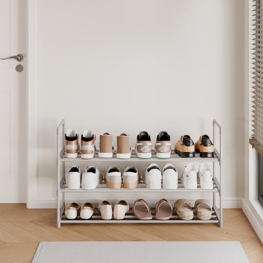 3-Tier Stackable Shoe Rack Organizer, Heavy-Duty Metal Frame, Upright or Inverted Storage, Holds 16-20 Pairs, Space-Saving for Entryway, Closet, or Dorm, Gray