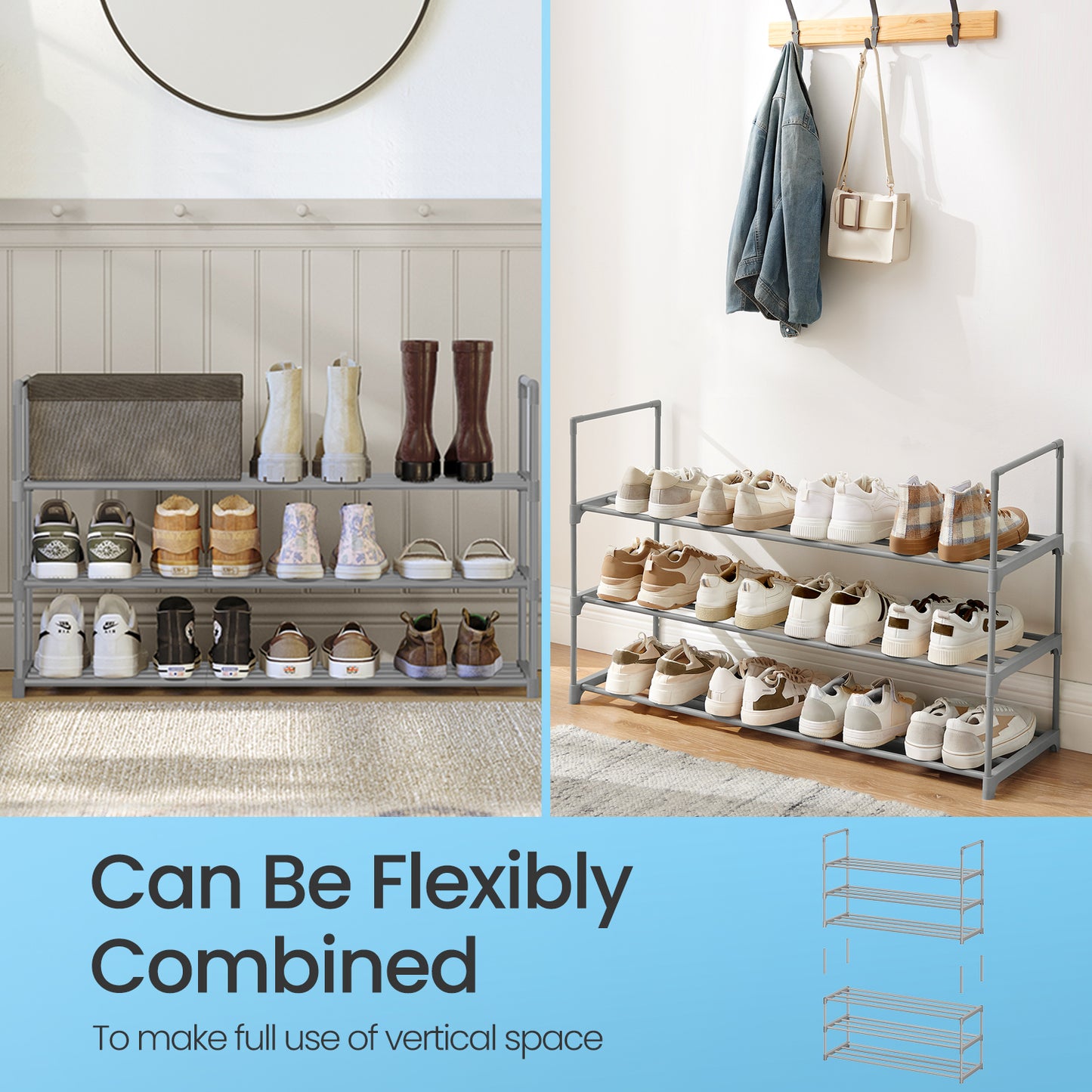 3-Tier Stackable Shoe Rack Organizer, Heavy-Duty Metal Frame, Upright or Inverted Storage, Holds 16-20 Pairs, Space-Saving for Entryway, Closet, or Dorm, Gray