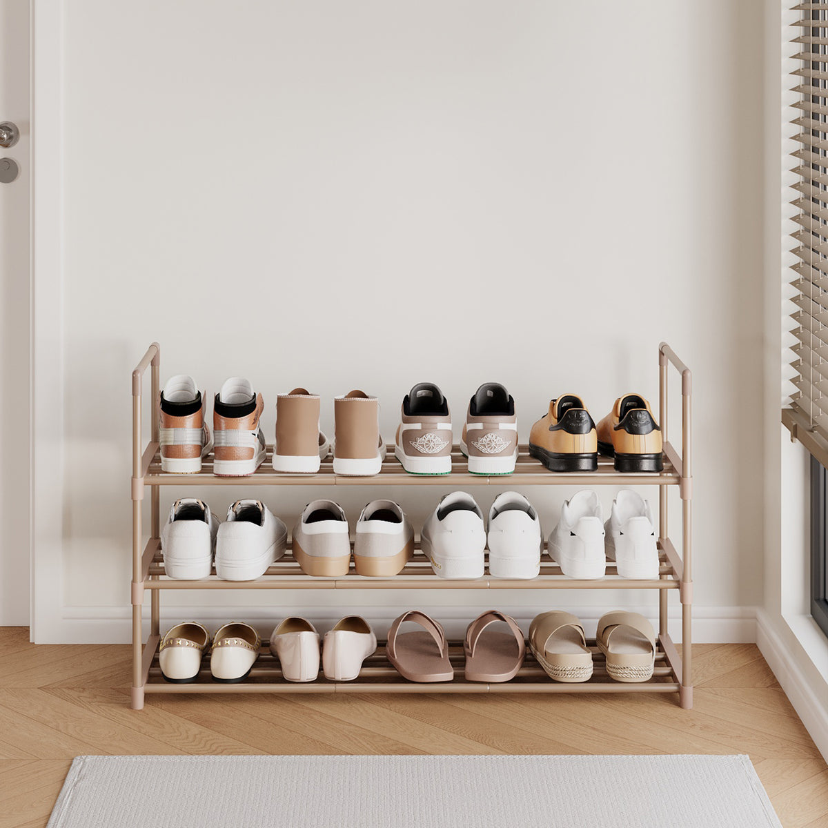 LEDREM 3-Tier Metal Shoe Storage Shelf, Stackable Shoe Organiser, for Entryway, Brown