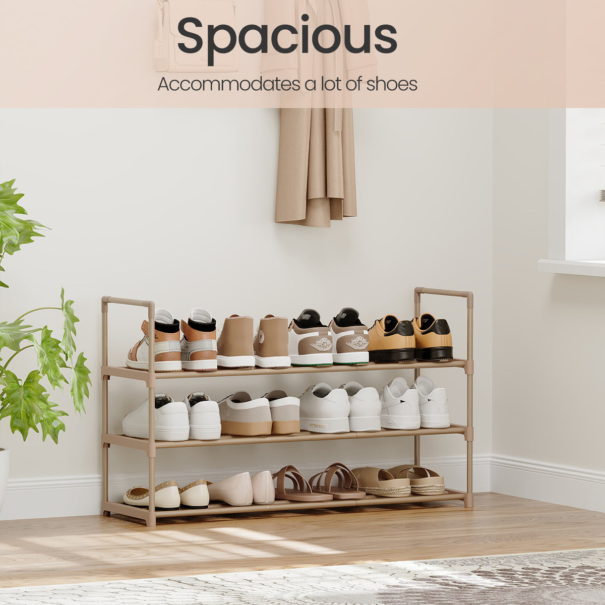 LEDREM 3-Tier Metal Shoe Storage Shelf, Stackable Shoe Organiser, for Entryway, Brown