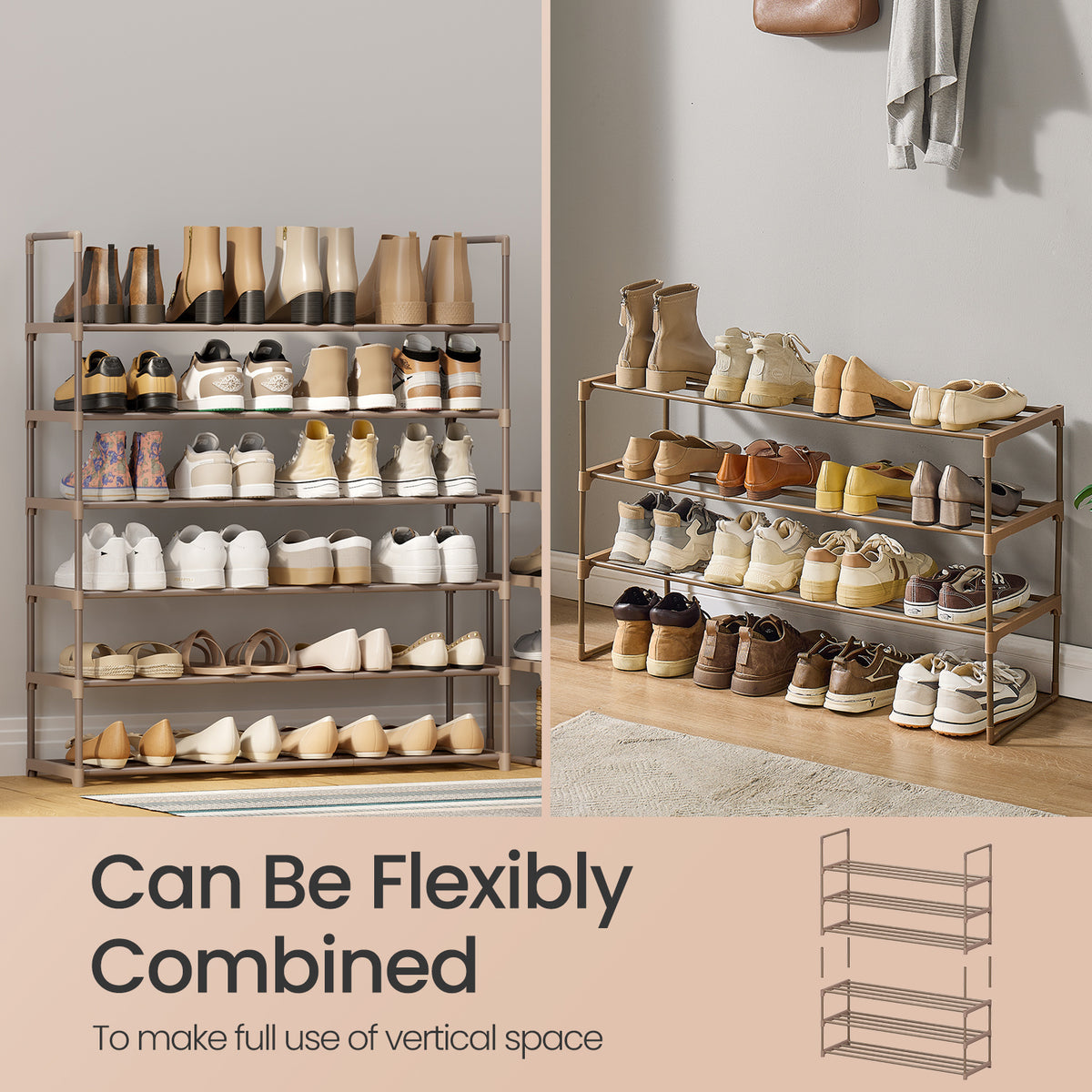 LEDREM 3-Tier Metal Shoe Storage Shelf, Stackable Shoe Organiser, for Entryway, Brown