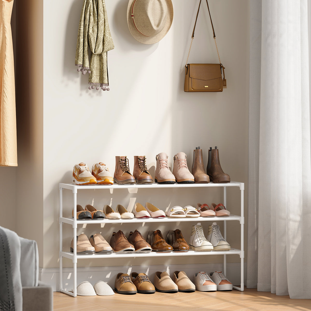 LEDREM 3-Tier Steel, PP Plastic Shoe Storage Shelf, Stackable Shoe Organizer, for Entryway, White