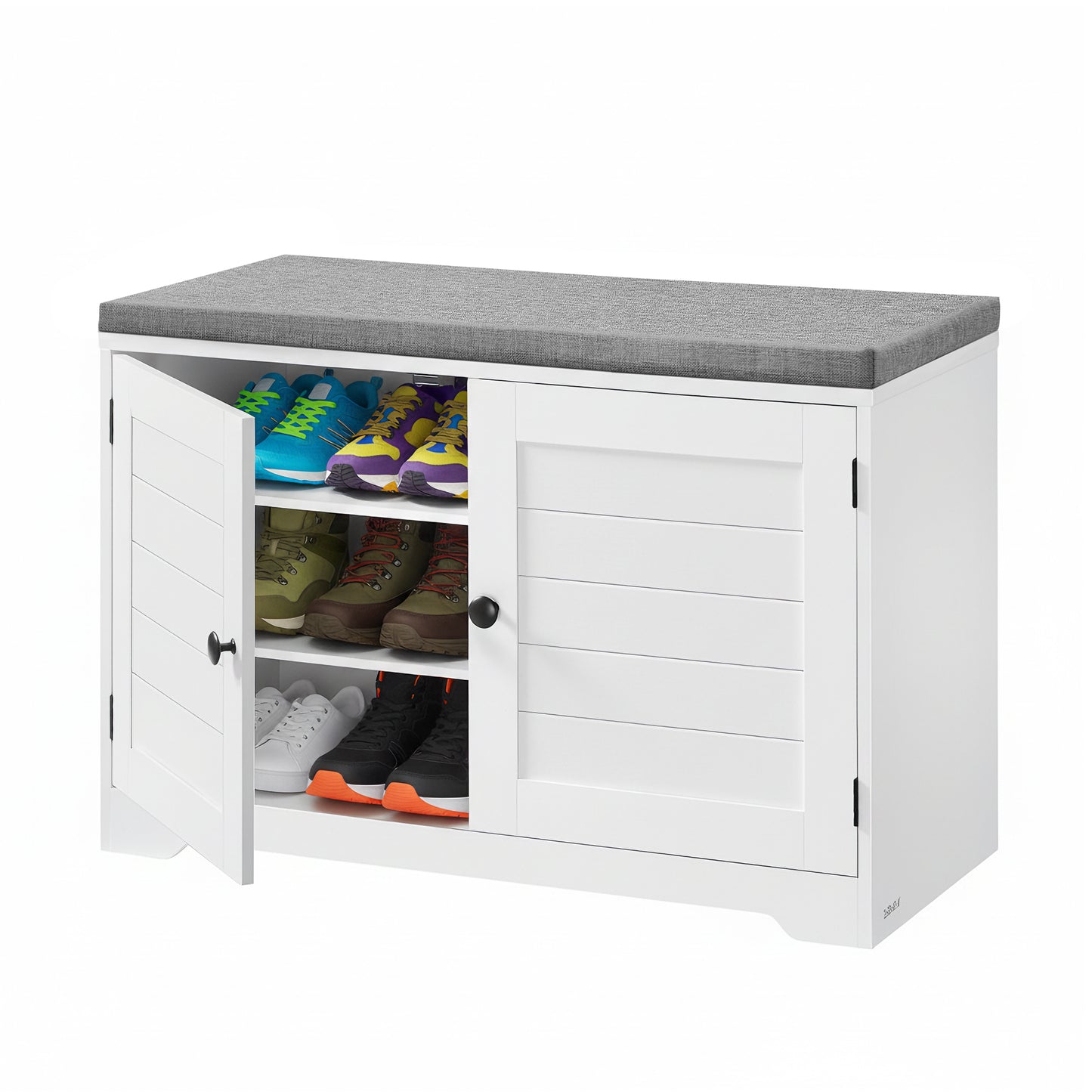 Shoe Storage Bench with Cushion, 3-Tier Entryway Bench with Adjustable Shelves and Doors, Hallway, Bedroom, Cloud White and Dove Gray