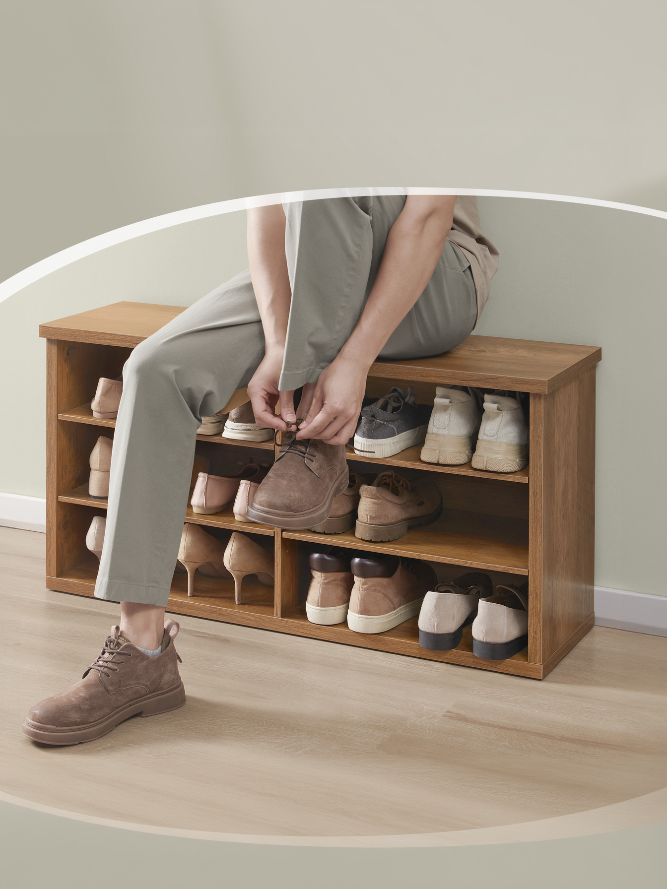 6-Compartment Shoe Bench with Adjustable Shelves, Storage Bench for Entryway, Living Room and Dorm, 39.4" W, Honey Brown