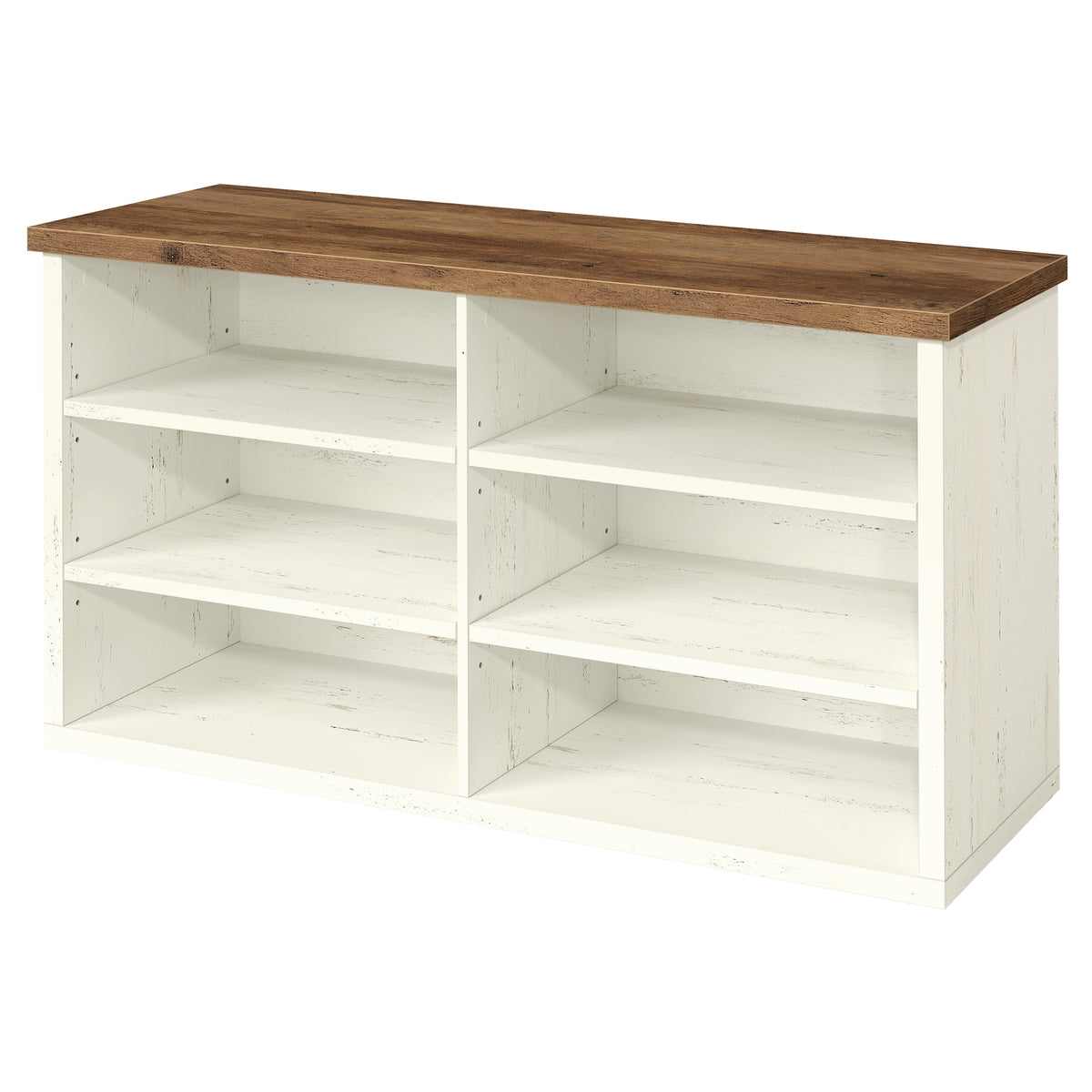 LEDREM Wooden Shoe Storage Bench with 6 Cubbies, Entryway Bench, 39.4 x 11.6 x 19.7 Inches, White and Tan