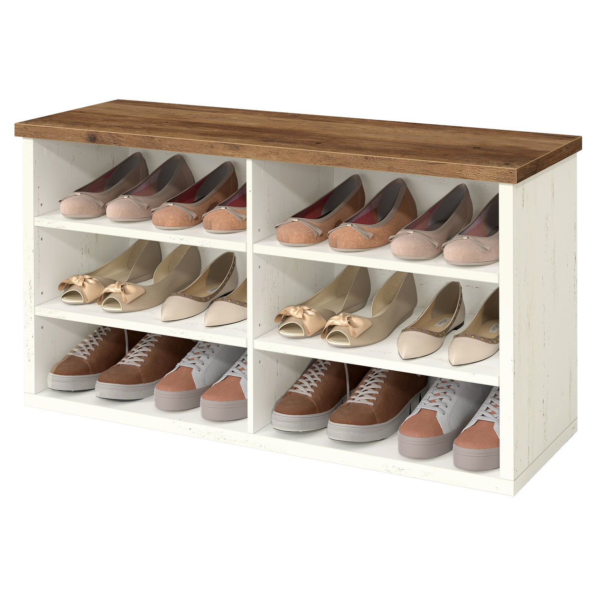 LEDREM Wooden Shoe Storage Bench with 6 Cubbies, Entryway Bench, 39.4 x 11.6 x 19.7 Inches, White and Tan