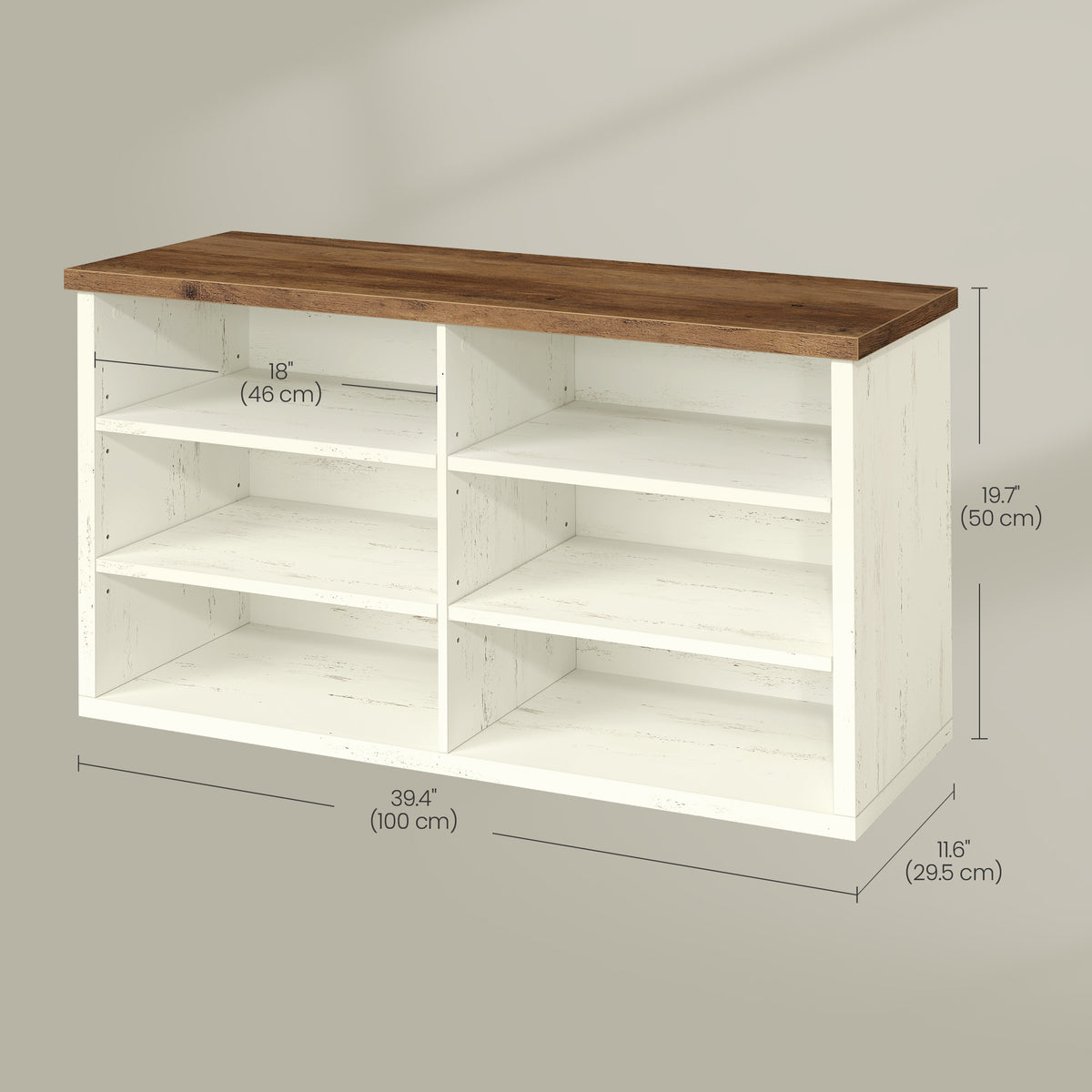 LEDREM Wooden Shoe Storage Bench with 6 Cubbies, Entryway Bench, 39.4 x 11.6 x 19.7 Inches, White and Tan